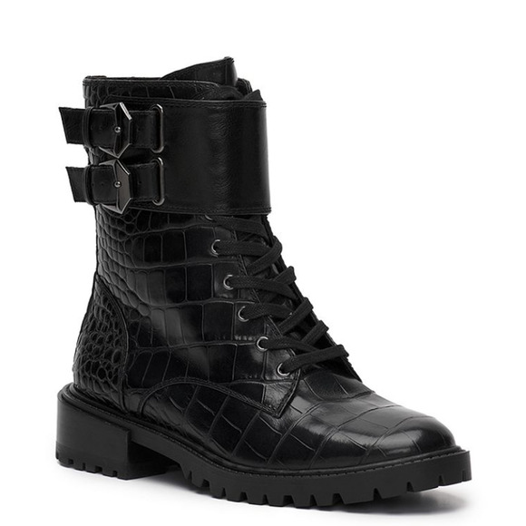 Vince Camuto Fawdry Combat Boots 5 Black NWOT Croc Lace Up Moto Ankle Booties - Picture 1 of 7